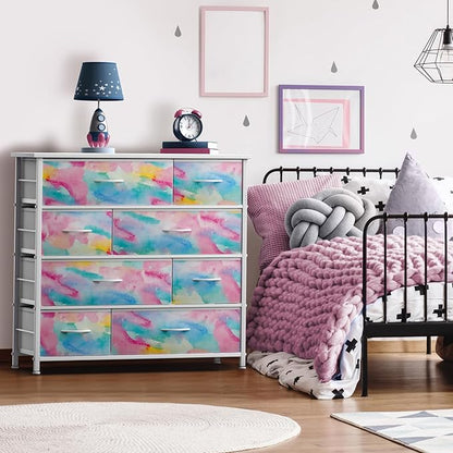 Sorbus Dresser with 8 Drawers - Furniture Storage Chest for Kid’s, Teens, Bedroom, Nursery, Playroom, Clothes, Toys - Steel Frame, Wood Top, Fabric Bins (Tie-dye)