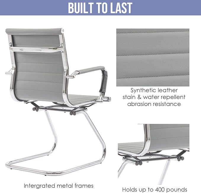 Wahson Office Guest Chairs Set of 2, Leather Reception Chairs, Mid Back Waiting Room Chair, Conference Chairs with Sled Base, Desk Chair No Wheels for Meeting/Lobby/Restroom, Grey