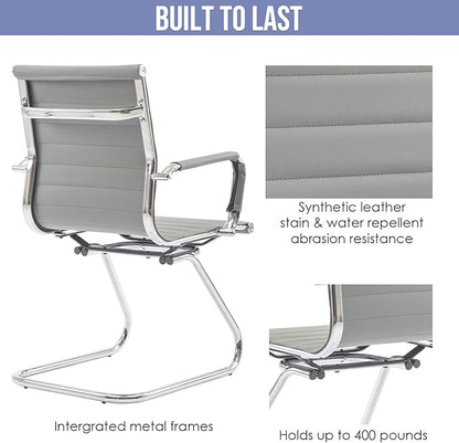 Wahson Office Guest Chairs Set of 2, Leather Reception Chairs, Mid Back Waiting Room Chair, Conference Chairs with Sled Base, Desk Chair No Wheels for Meeting/Lobby/Restroom, Grey