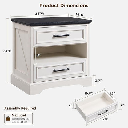 ACCOHOHO 24" Farmhouse Nightstand Set of 2 with Charging Station, 2 Drawers Large Bedside Table with Open Shelf, Rustic End Table for Bedroom - White