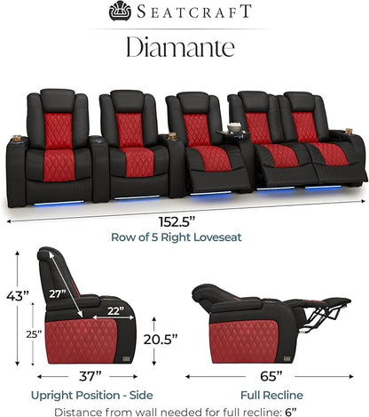 Seatcraft Diamante Zero-Gravity CoolZero Italian Leather Home Theater Seating, Power Headrest, Power Recline, Row of 5 Right Loveseat, Black/Red