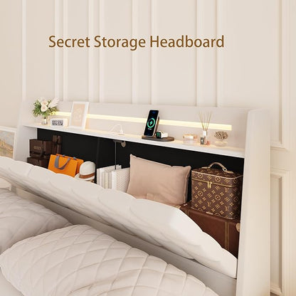 Full Size Floating Bed Frame with LED Lights & Charging Station, Upholstered Platform Bed with Hidden Storage Headboard & Shelves, Space-Saving Modern Bed for Bedroom & Apartment, Beige