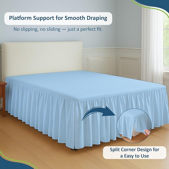 Rajlinen Ruffled Bed Skirt King, 16 Inch Drop Dust Ruffle with Split Corners, 100% Microfiber Bedskirt with Platform, Three-Sided Coverage Ruffled Gathering Design, Light Blue