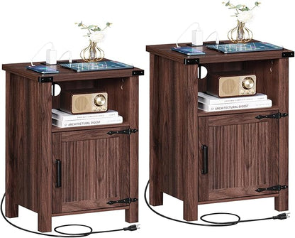 Joaxswe Night Stand Set of 2, 18 Inch Farmhouse Nightstand with with Charging Station and USB Port, Rustic Wood Bedside Table with Magnetic Door, Bed Side Tables for Bedroom, Brown Walnut