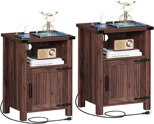 Joaxswe Night Stand Set of 2, 18 Inch Farmhouse Nightstand with with Charging Station and USB Port, Rustic Wood Bedside Table with Magnetic Door, Bed Side Tables for Bedroom, Brown Walnut