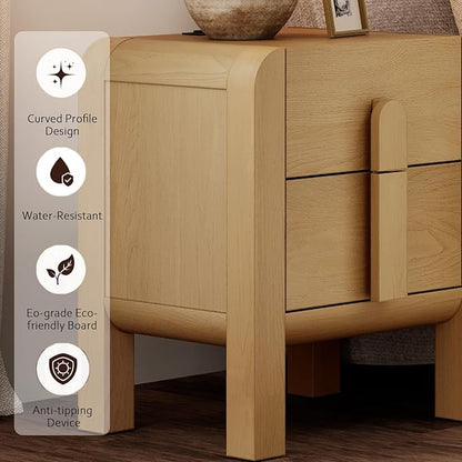 WAMPAT 23.7" Tall Modern Nightstands Set of 2, Wood Nightstand with Charging Station, Bedside Table w/2 Storage Drawers, Curved Profile Design, Sofa Side Table Accent Table for Bedroom, Oak