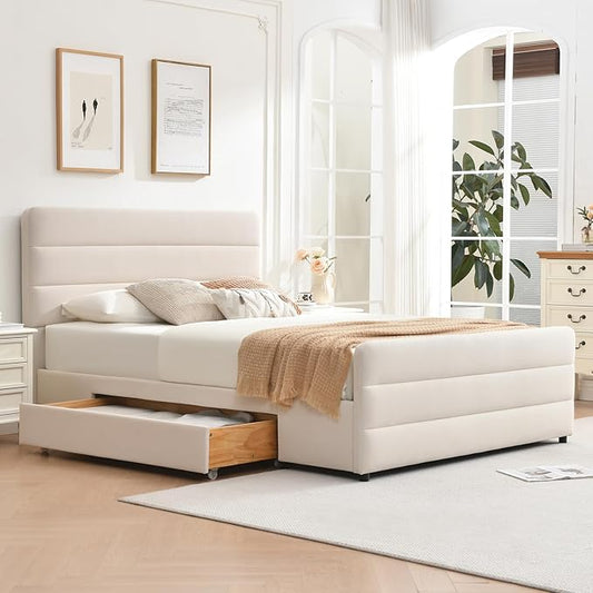 VELOCAVA Full Size Upholstered Platform Bed Frame with Storage Drawers, Tall Headboard and Footboard, Modern Fabric Bed with Slatted Support, No Box Spring Needed, Space-Saving Design for Bedroom