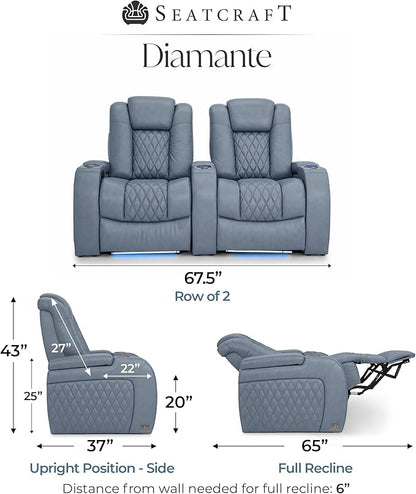 Seatcraft Diamante Zero-Gravity CoolZero Italian Leather Home Theater Seating, Power Headrest, Power Recline, Row of 2, Smokey Blue