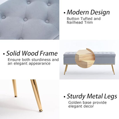 Velvet Storage Bench with Gold Legs& Nailhead Trim, 46" Wide Upholstered Modern Bedroom Bench for End of Bed, Tufted Ottoman for Entryway Living Room Dining Room (Gray, 46" Wide)