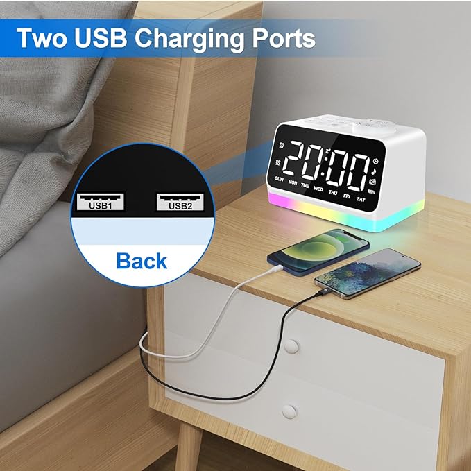 JALL Digital Alarm Clock with FM Radio for Bedroom, 8 Colors Night Light with Charging Port, Sleep Sound Machines with Timer, Dual Alarm (White with White Font)