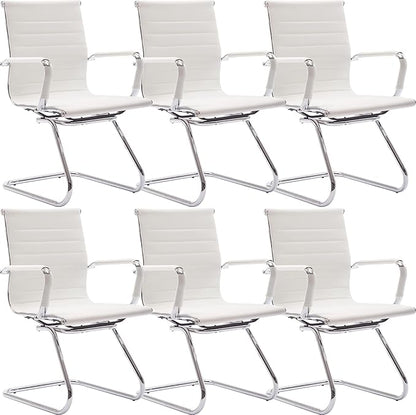 Wahson Office Guest Chairs Set of 6, Leather Reception Chairs, Mid Back Waiting Room Chair, Conference Chairs with Sled Base, Desk Chair No Wheels for Meeting/Lobby/Restroom, White