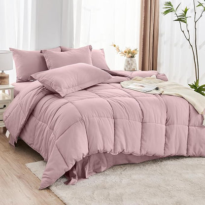 JOLLYVOGUE King Comforter Set, Ultra-Soft Bed in a Bag King Size 7 Pieces, Oeko-TEX Certified Bedding Set with Down Alternative Comforter, Sheets, Pillowcases & Shams, Camio Pink