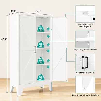 SISESOL Metal Storage Cabinet with 2 Doors and 3 Shelves,White Pantry Storage Cabinet with Legs,Farmhouse Pantry Cabinets Cupboard,Bathroom Cabinets for Home,Kitchen,Dining/Living Room (47.3" H)
