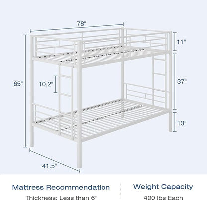 VECELO Bunk Bed Twin Over Twin, Metal Bunkbeds with Ladder and Full-Length Guardrail, No Box Spring Needed, Space Saving, Noise Free, White