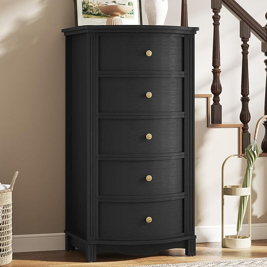 AuraCurve Tall 5-Drawer Chest, Elegant Dresser with Five Arc Fronts, Roman Column Decor, Slim Floor Standing Storage Cabinet, 48.6x23.6x15.7 Inches(Black, 5 Drawer)