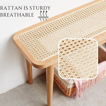 47.2'' Natural Rattan Dining Bench with 100% Solid Oak Wood Bench Frame, Bed End Shoe Ottoman for Kitchen Bedroom Entryway, Natural Oak