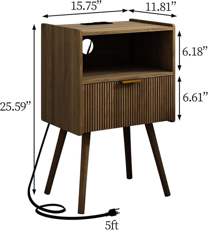 Nightstand with Outlet,Modern Bedside Table with Storage Drawer and Open Wood Shelf, for Living Room, Bedroom and Small Spaces, Accent Night Stand with Solid Wood Legs, Easy Assembly,Brown