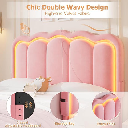 Velvet Upholstered Full LED Bed Frame with 2 Storage Drawers and Adjustable Chic Double Wavy Headboard, Princess Platform Bed with Charing Station, Solid Wood Slats Support,No Box Spring Needed,Pink