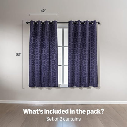 Amazon Basics Jacquard 2-Piece 100% Blackout Curtains, Living Room and Bedroom Drapes, Thermal Insulated Window Treatment, 42"x63", Dark Blue