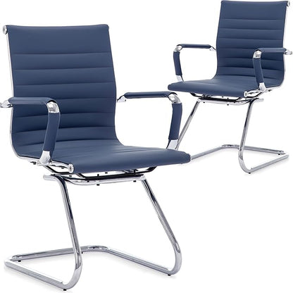 Wahson Office Guest Chairs Set of 2, Leather Reception Chairs, Mid Back Waiting Room Chair, Conference Chairs with Sled Base, Desk Chair No Wheels for Meeting/Lobby/Restroom, Navy Blue