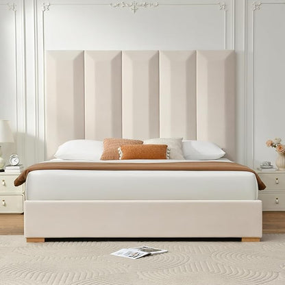 VELOCAVA King Size Upholstered Bed Frame with Extra Tall 71.5" 3D Geometric Headboard, Velvet-Like Fabric, 2 Storage Drawers, 45 Wooden Slats, Adjustable Center Support, No Box Spring Needed, Beige