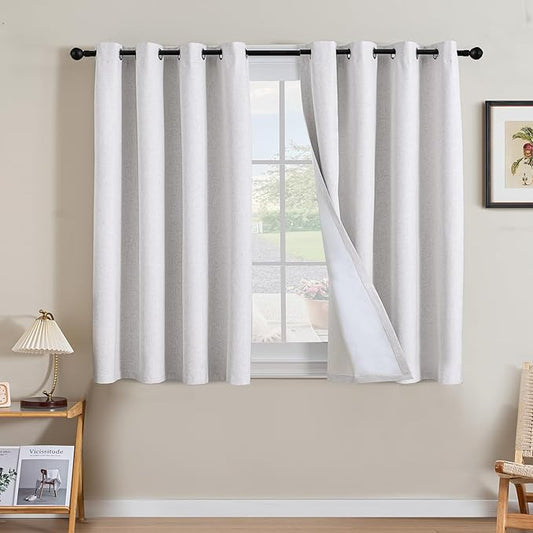 H.VERSAILTEX Linen Curtains 100% Blackout Curtains for Bedroom 45 inch Long Full Light Blocking Nature Linen Blended Window Curtains for Living Room Nickel Grommet (2 Panels, Heathered White)