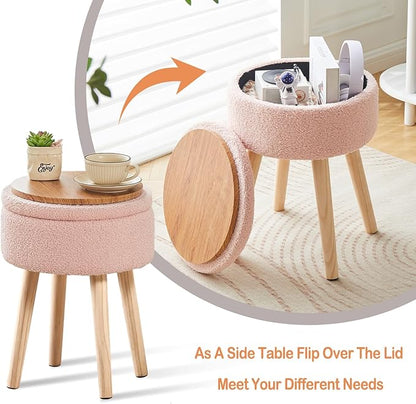 Mxfurhawa Storage Ottoman Foot Stool Teddy Velvet Round Vanity Stool Tray Top Footstool with Wood Legs Upholstered Foot Rest Ottoman for Living Room, Bathroom, Makeup (Pink)
