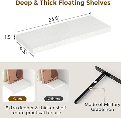 Fun Memories Floating Shelves for Wall, 24 x 9.3 Floating Shelf Wall-Mounted, Rustic Wood Bathroom Shelf Set of 2, Deep Bookshelf Storge Shelves for Living Room, Bedroom, Farmhouse, White Color