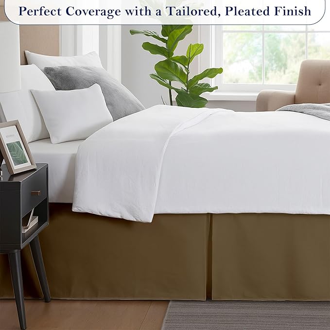 Twin Bed Skirt, Luxury 15 Inch Drop Taupe Pleated Bed Skirt, Double Brushed Microfiber, Box Pleat Design, Wrinkle & Fade Resistant, Easy Fit Tailored Bedskirt for Twin Size Beds