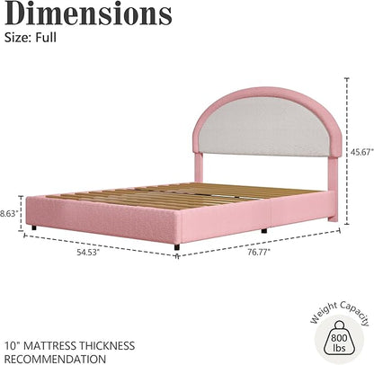 Full Size Bed Frame, Boucle Upholstered Platform Bed Frame with Headboard, White Bed Frame, Soft Rounded Corners, No Box Spring Required, Easy Assembly, Pink&White