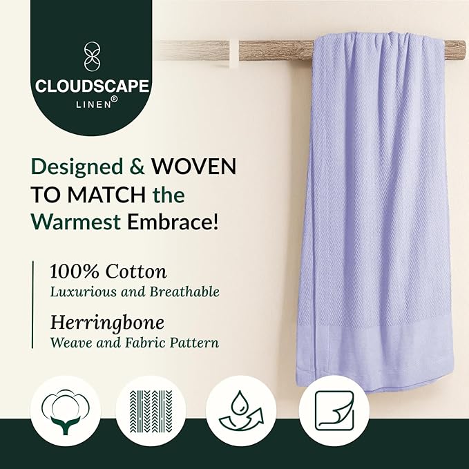 Cloud Scape Linen 100% Cotton Throw Blanket 50x70 Lavender Blue, Luxury All-Season Warmth, Ultra Soft, Oversized Herringbone Gauze Blanket for Winter, Bed, Couch & Sofa Decor, Best Gift Idea