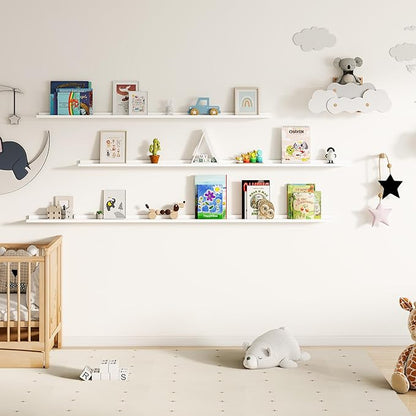 Floating Picture Ledge Shelves for Wall Set of 2, 55 Inches Picture Shelf with Ledge, Nursery Book Shelf for Toys Storage Kids Bookshelf Wall Mounted Living Room Bedroom Decor Frames, White
