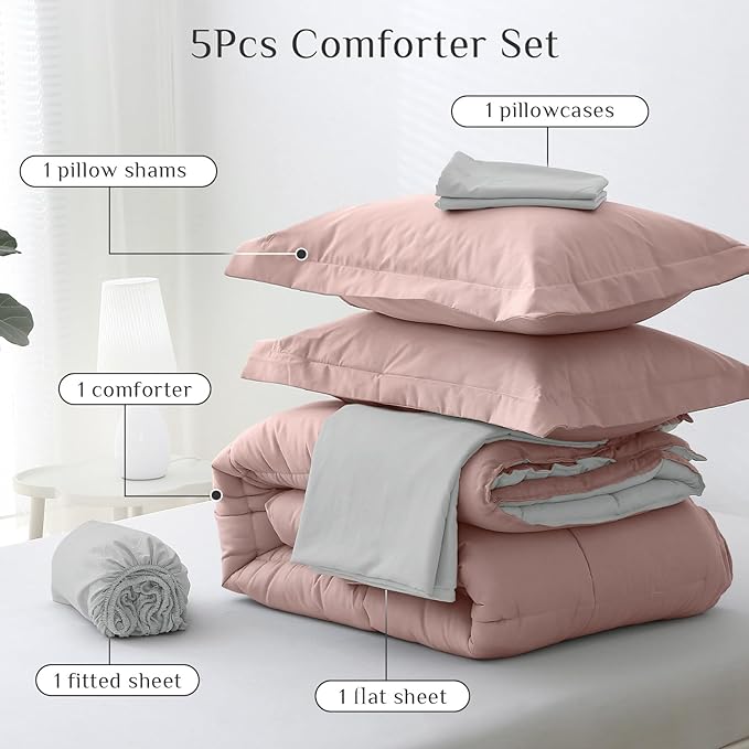 JOLLYVOGUE Twin XL Comforter Set, Ultra-Soft Bed in a Bag Twin XL Size 5 Pieces, Oeko-TEX Certified Bedding Set with Down Alternative Comforter, Sheets, Pillowcases & Shams, Pink & Light Grey