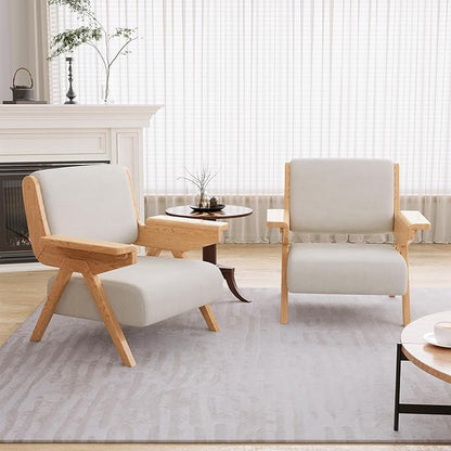 Accent Chair Set of 2, Mid Century Modern Chair, Velvet Upholstered Lounge Arm Chair with Solid Wood, Cozy Seating for Living Room, Bedroom, Balcony (White)