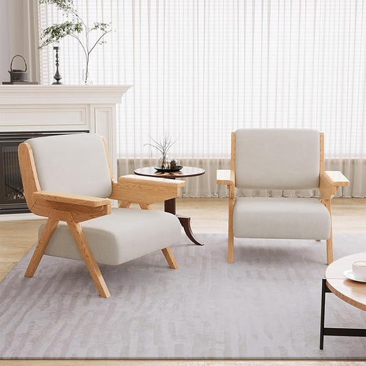 Accent Chair Set of 2, Mid Century Modern Chair, Velvet Upholstered Lounge Arm Chair with Solid Wood, Cozy Seating for Living Room, Bedroom, Balcony (White)