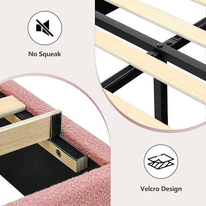 Queen Bed Frame, Boucle Upholstered Platform Bed Frame with Headboard, White Bed Frame, Soft Rounded Corners, No Box Spring Required, Easy Assembly, Pink&White
