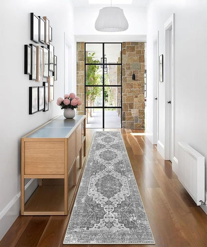vivorug Runner Rug 2'x8' Vintage Washable Non-Slip Runners for Hallways Kitchen Entryway Laundry Room Carpet Hallway Runner Grey Floral