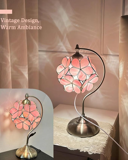 Tiffany Style Flower Table Lamp, Vintage Cherry Blossom Stained Glass Lamp with Brass Base for Bedroom Bedside Home Decor, Blush Coral (Pink)