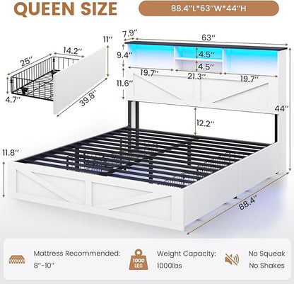 VIAGDO Farmhouse Bed Frame Queen Size with Bookcase Storage Headboard, Charging Station and LED Lights, Wooden Queen Bed Frame with 4 Drawers, Barn Door Design, No Box Spring Needed, No Noise, White