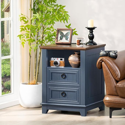 18" Farmhouse Night Stands Set of 2 with Charging Station, 2 Drawers End Table Dresser for Bedroom, Blue Wooden Nightstand, Bed Side Table with Open Shelf, Bedside Cabinet for Living Room