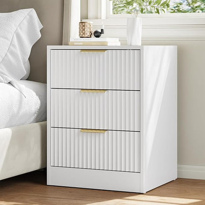 7 Drawer Dresser & Nightstand Set, 3-Piece White Fluted Dresser and Night Stand Set of 2 with Metal Handle, Modern Wood Chest of Drawers Storage Dressers Set for Bedroom, White