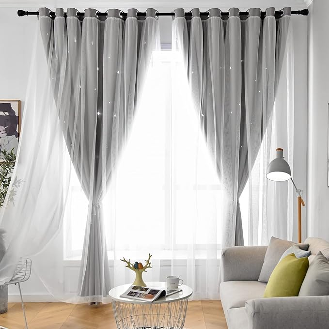 Stars Curtains Double Layer Curtains Blackout Curtains for Bedroom Kids Curtains Cute Curtains Kids Blackout Curtains, Curtains 72 Inches Long 2 Panels Set, Grey Curtains, 52 X 72 Inches