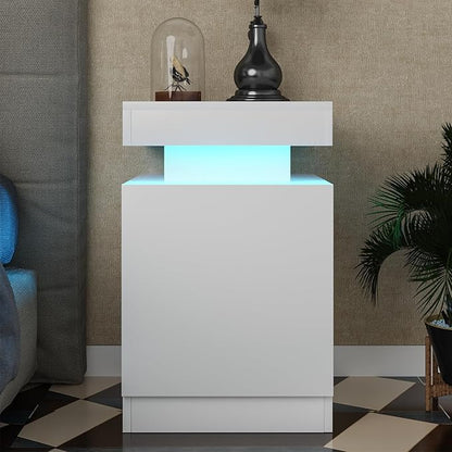 MXV Nightstand Set of 2 with LED Lights,Night Stand with Storage Cabinet for Bedroom,Bedside Table with LED (White, 15IN)