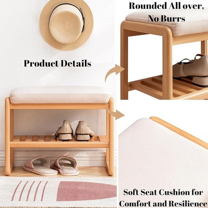 Wood Shoe Bench,2-Tier Storage Bench with Cushion Padded Seat,Entryway Bench with Shoe Storage, Small Bench for Entryway,Living Room