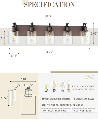 5 Light Bathroom Vanity Light, Morden Bath Lights Over Mirror Oil Rubbed Bronze Bathroom Sconce Lights with Clear Glass Shade ZCVL01ORB-5