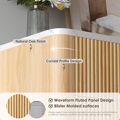 Fluted 6 Drawers Dresser for Bedroom,52" Wide Handleless Chest of Drawers with Faux Marble Top, Wooden Dresser TV Stand, Wood Drawer Organizer for Living Room, Hallway, Natural Oak