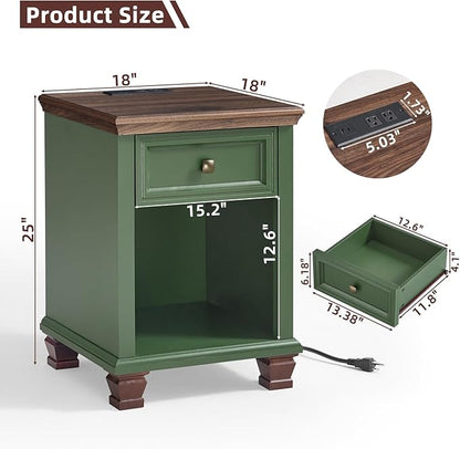 SAVOR LIFE Farmhouse End Tables Living Room Set of 2, Rustic Wood Nightstand with 1 Drawer, Bedside Table with Open Shelf for Bed Room, Side Table for Living Room, Green