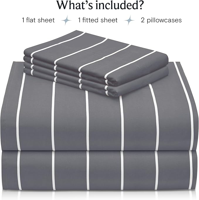 LuxClub 4 PC California King Sheet Set, Deep Pockets Wrinkle Free Cooling Bed Sheets Hotel Bedding for Women, Men, Includes 1 Fitted Sheet, 1 Flat Sheet and 2 Pillowcases-Striped -Light Grey