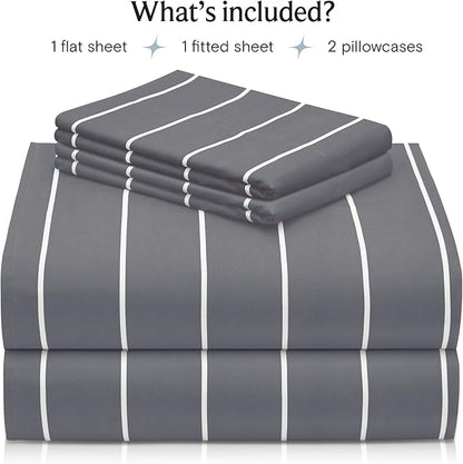 LuxClub 4 PC King Sheet Set, Deep Pockets Wrinkle Free Cooling Bed Sheets Hotel Bedding for Women, Men, Includes 1 Fitted Sheet, 1 Flat Sheet and 2 Pillowcases-Striped - Light Grey