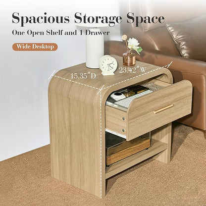 Night Stand Set of 2 [Unique Curved Profile] [FSC-Certified Wooden Board] 1-Drawer and 1 Storage Shelf Nightstand 24" H Metal Handle Modern Bedside Table Side Table End Table for Bedroom